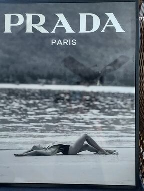 Prada : Black & White Beach Picture with Model on Semigloss Framed Canvas. NWOT.